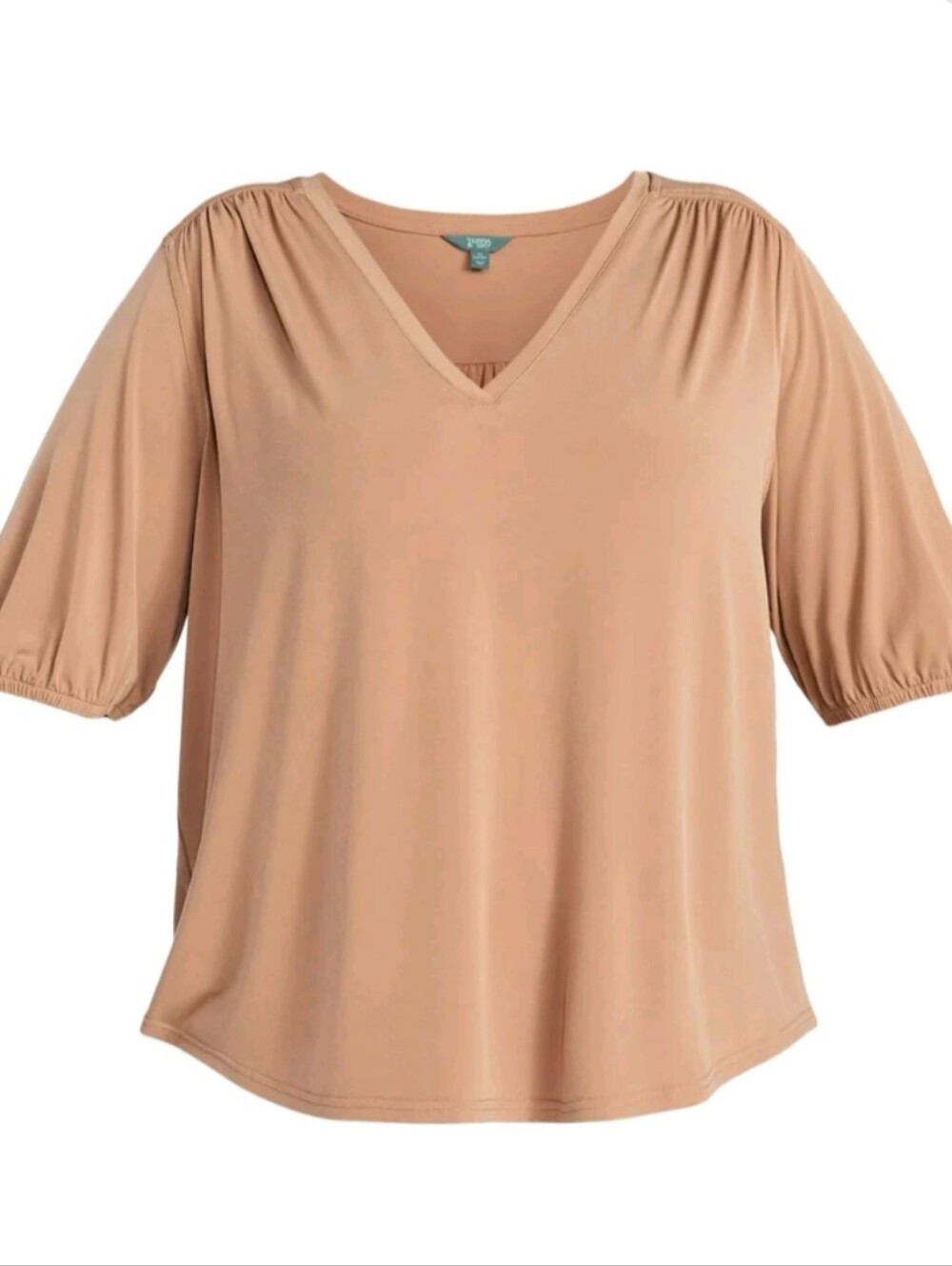 Terra & Sky Women's Plus Size 2X (20W-22W) V-Neck Tee Elbow Sleeves NWT Brown